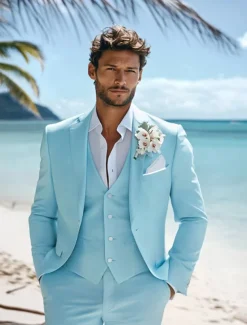 Men's Beach Wedding Suits Notch Lapel Sky Blue Fashion Casual Solid Colored Standard Fit 3 Piece Single Breasted One-button