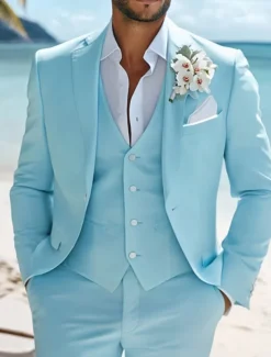 Men's Beach Wedding Suits Notch Lapel Sky Blue Fashion Casual Solid Colored Standard Fit 3 Piece Single Breasted One-button