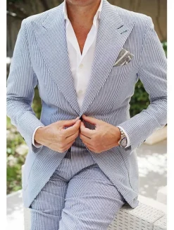 Men's Beach Wedding Suits Peak Blue Solid Colored Standard Fit 2 Piece Single Breasted Two-buttons