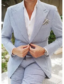 Men's Beach Wedding Suits Peak Blue Solid Colored Standard Fit 2 Piece Single Breasted Two-buttons