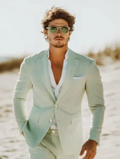 Men's Beach Wedding Suits Champagne Sky Blue Lightweight Striped Standard Fit 2 Piece Single Breasted Two-buttons