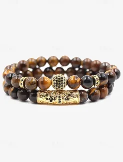 Men's Beaded Bracelet Set – Red Tiger Eye Stones with Gold-Plated Accents and Black Crystal Inlays for a Stylish Look