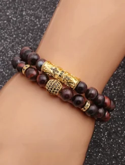 Men's Beaded Bracelet Set – Red Tiger Eye Stones with Gold-Plated Accents and Black Crystal Inlays for a Stylish Look