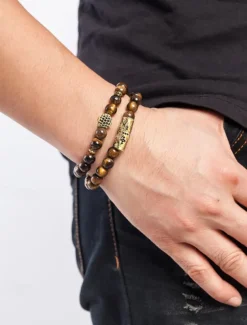 Men's Beaded Bracelet Set – Red Tiger Eye Stones with Gold-Plated Accents and Black Crystal Inlays for a Stylish Look