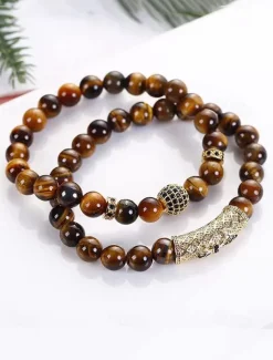 Men's Beaded Bracelet Set – Red Tiger Eye Stones with Gold-Plated Accents and Black Crystal Inlays for a Stylish Look