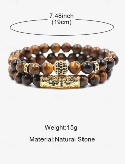 Men's Beaded Bracelet Set – Red Tiger Eye Stones with Gold-Plated Accents and Black Crystal Inlays for a Stylish Look