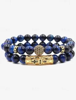 Men's Beaded Bracelet Set – Red Tiger Eye Stones with Gold-Plated Accents and Black Crystal Inlays for a Stylish Look