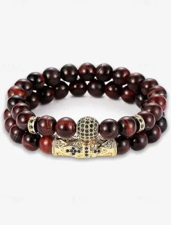 Men's Beaded Bracelet Set – Red Tiger Eye Stones with Gold-Plated Accents and Black Crystal Inlays for a Stylish Look
