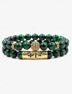 Men's Beaded Bracelet Set – Red Tiger Eye Stones with Gold-Plated Accents and Black Crystal Inlays for a Stylish Look
