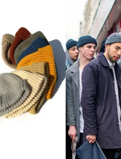 Men's Beanie Hat Fisherman Beanie Trawler Beanie Watch Cap Beanies Light Yellow Black Cotton Sports Travel Roll up Edge Outdoor Vacation Plain Windproof Warm