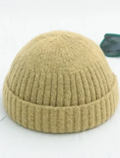 Men's Beanie Hat Fisherman Beanie Trawler Beanie Watch Cap Beanies Light Yellow Black Cotton Sports Travel Roll up Edge Outdoor Vacation Plain Windproof Warm