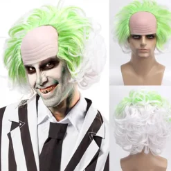Men's Beetlejuice 2 Cosplay Short Fluffy Wavy Clown Bald Wig For Carnival Party Costume wigs For Adult Halloween Wigs