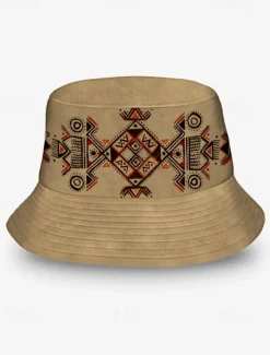 Men's Beige Bucket Hat with Ethnic Geometric Print - Stylish Summer Hat for Outdoor Adventures and Festivals