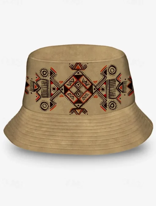 Men's Beige Bucket Hat with Ethnic Geometric Print - Stylish Summer Hat for Outdoor Adventures and Festivals