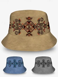 Men's Beige Bucket Hat with Ethnic Geometric Print - Stylish Summer Hat for Outdoor Adventures and Festivals
