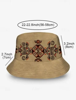 Men's Beige Bucket Hat with Ethnic Geometric Print - Stylish Summer Hat for Outdoor Adventures and Festivals