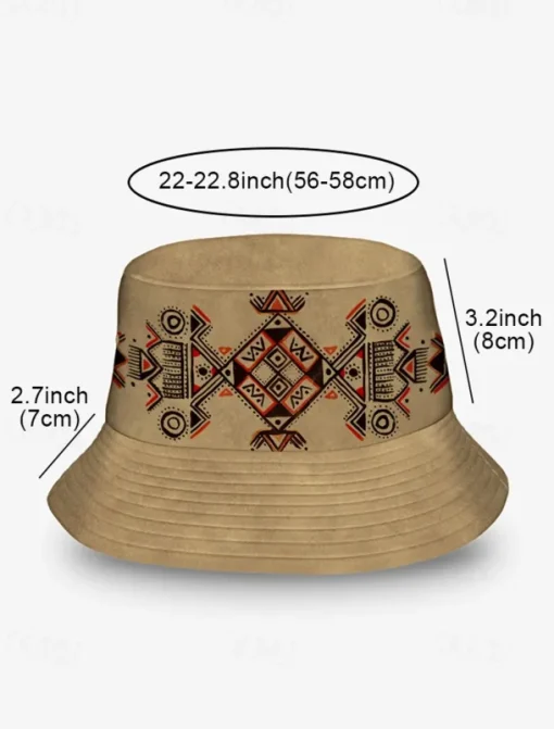 Men's Beige Bucket Hat with Ethnic Geometric Print - Stylish Summer Hat for Outdoor Adventures and Festivals