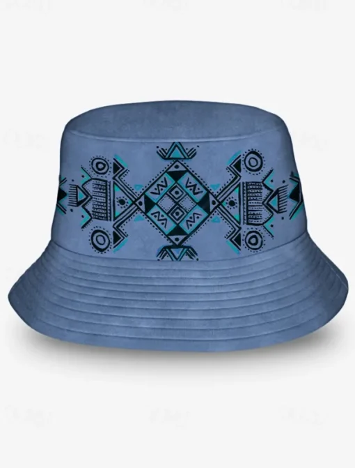 Men's Beige Bucket Hat with Ethnic Geometric Print - Stylish Summer Hat for Outdoor Adventures and Festivals
