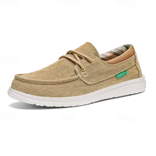 Men's Beige Canvas Boat Shoes with Lace-Up Design and Comfortable Sole – Ideal for Casual and Outdoor Activities