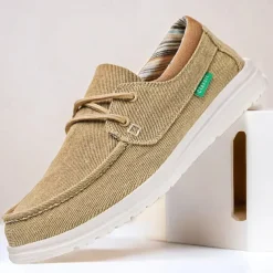 Men's Beige Canvas Boat Shoes with Lace-Up Design and Comfortable Sole – Ideal for Casual and Outdoor Activities