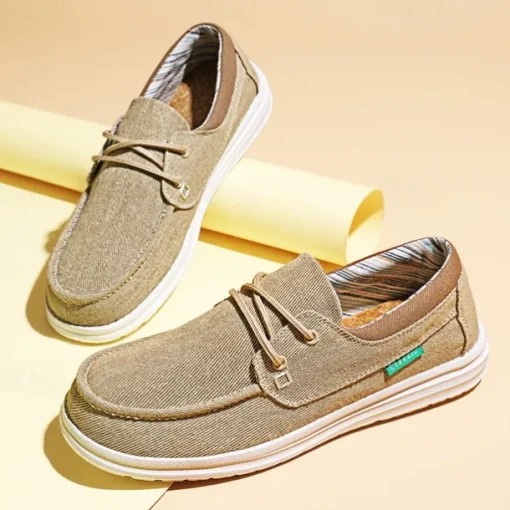 Men's Beige Canvas Boat Shoes with Lace-Up Design and Comfortable Sole – Ideal for Casual and Outdoor Activities