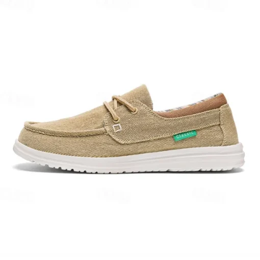 Men's Beige Canvas Boat Shoes with Lace-Up Design and Comfortable Sole – Ideal for Casual and Outdoor Activities