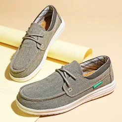 Men's Beige Canvas Boat Shoes with Lace-Up Design and Comfortable Sole – Ideal for Casual and Outdoor Activities