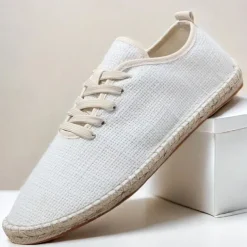 Men's Beige Canvas Lace-Up Espadrille Shoes with Jute Rope Sole – Comfortable Summer Casual Footwear