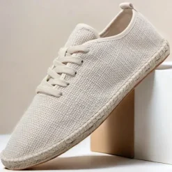 Men's Beige Canvas Lace-Up Espadrille Shoes with Jute Rope Sole – Comfortable Summer Casual Footwear