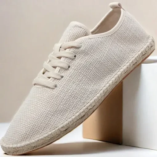 Men's Beige Canvas Lace-Up Espadrille Shoes with Jute Rope Sole – Comfortable Summer Casual Footwear