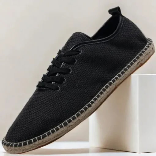 Men's Beige Canvas Lace-Up Espadrille Shoes with Jute Rope Sole – Comfortable Summer Casual Footwear