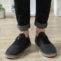 Men's Beige Canvas Lace-Up Espadrille Shoes with Jute Rope Sole – Comfortable Summer Casual Footwear
