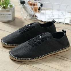 Men's Beige Canvas Lace-Up Espadrille Shoes with Jute Rope Sole – Comfortable Summer Casual Footwear