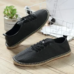 Men's Beige Canvas Lace-Up Espadrille Shoes with Jute Rope Sole – Comfortable Summer Casual Footwear