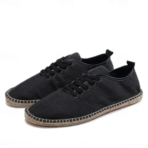 Men's Beige Canvas Lace-Up Espadrille Shoes with Jute Rope Sole – Comfortable Summer Casual Footwear