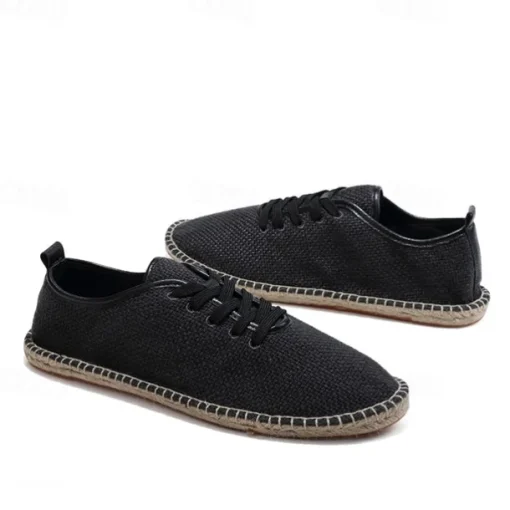 Men's Beige Canvas Lace-Up Espadrille Shoes with Jute Rope Sole – Comfortable Summer Casual Footwear