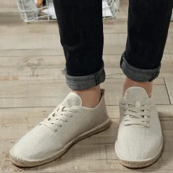 Men's Beige Canvas Lace-Up Espadrille Shoes with Jute Rope Sole – Comfortable Summer Casual Footwear