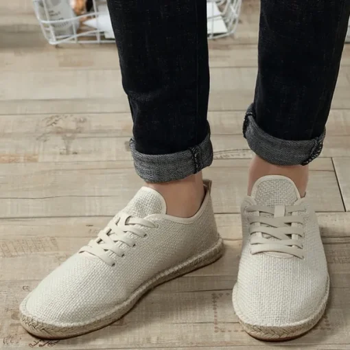 Men's Beige Canvas Lace-Up Espadrille Shoes with Jute Rope Sole – Comfortable Summer Casual Footwear