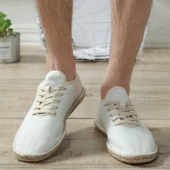 Men's Beige Canvas Lace-Up Espadrille Shoes with Jute Rope Sole – Comfortable Summer Casual Footwear