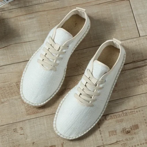Men's Beige Canvas Lace-Up Espadrille Shoes with Jute Rope Sole – Comfortable Summer Casual Footwear