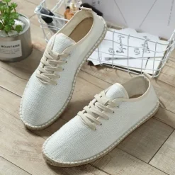 Men's Beige Canvas Lace-Up Espadrille Shoes with Jute Rope Sole – Comfortable Summer Casual Footwear