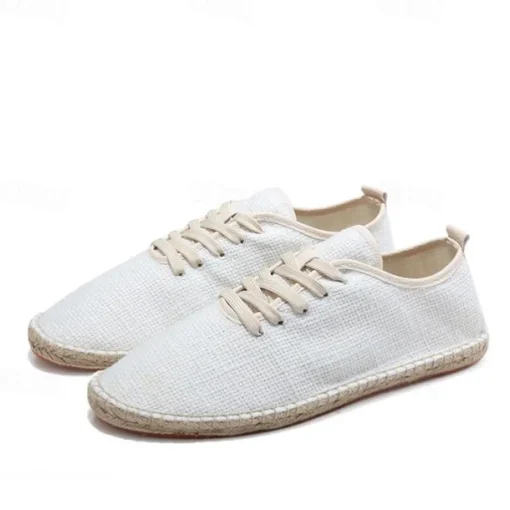 Men's Beige Canvas Lace-Up Espadrille Shoes with Jute Rope Sole – Comfortable Summer Casual Footwear