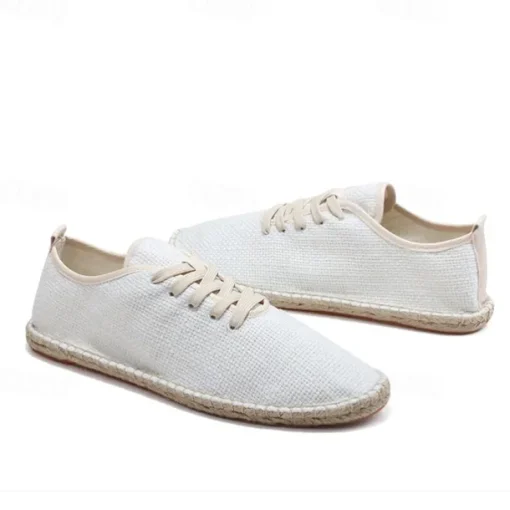 Men's Beige Canvas Lace-Up Espadrille Shoes with Jute Rope Sole – Comfortable Summer Casual Footwear