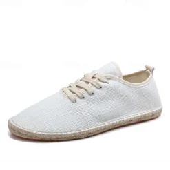 Men's Beige Canvas Lace-Up Espadrille Shoes with Jute Rope Sole – Comfortable Summer Casual Footwear