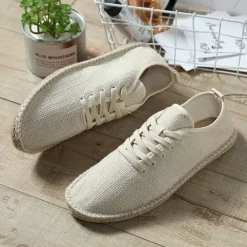 Men's Beige Canvas Lace-Up Espadrille Shoes with Jute Rope Sole – Comfortable Summer Casual Footwear