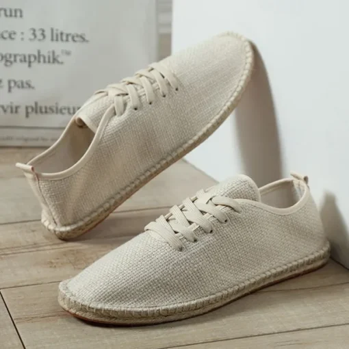Men's Beige Canvas Lace-Up Espadrille Shoes with Jute Rope Sole – Comfortable Summer Casual Footwear