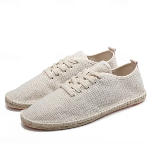 Men's Beige Canvas Lace-Up Espadrille Shoes with Jute Rope Sole – Comfortable Summer Casual Footwear