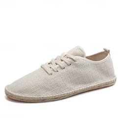 Men's Beige Canvas Lace-Up Espadrille Shoes with Jute Rope Sole – Comfortable Summer Casual Footwear