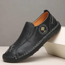 Men's Beige Genuine Faux Leather Moccasins – Handmade Stitching Casual Slip-On Driving Shoes for Outdoor & Trave