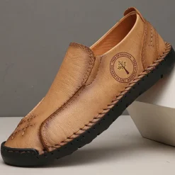 Men's Beige Genuine Faux Leather Moccasins – Handmade Stitching Casual Slip-On Driving Shoes for Outdoor & Trave